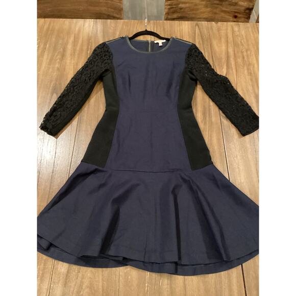 Rebecca Taylor 2 tone black blue drop waist flare zipper and lace mini dress 4 - Picture 11 of 14